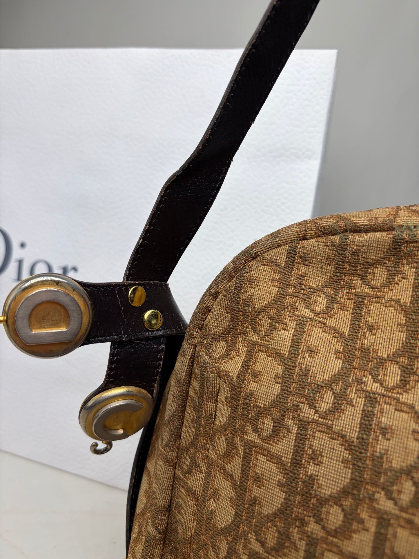 Vintage Dior Monogram Canvas Shoulder Bag Brown Beige