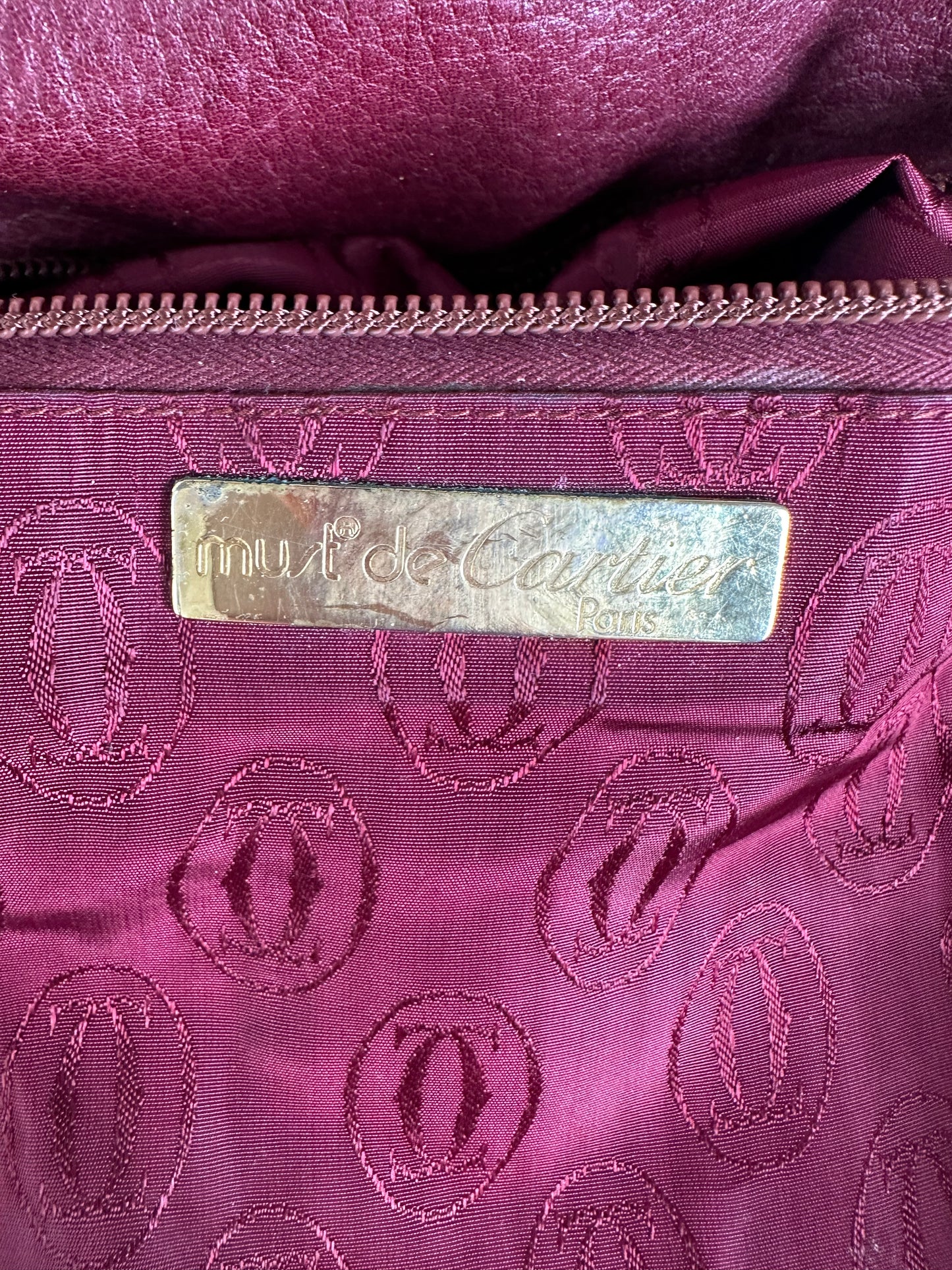 Vintage Cartier Textured Leather Shoulder Bag Burgundy Gold