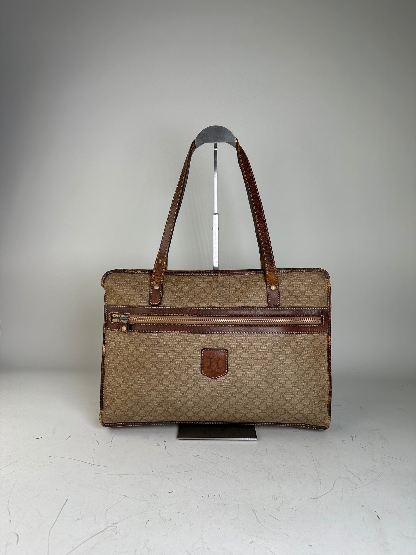 Vintage Celine Canvas Leather Trim Tote Beige Brown Gold