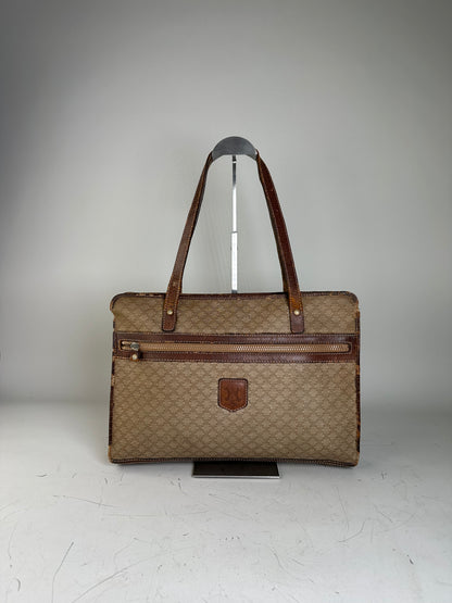 Vintage Celine Canvas Leather Trim Tote Beige Brown Gold