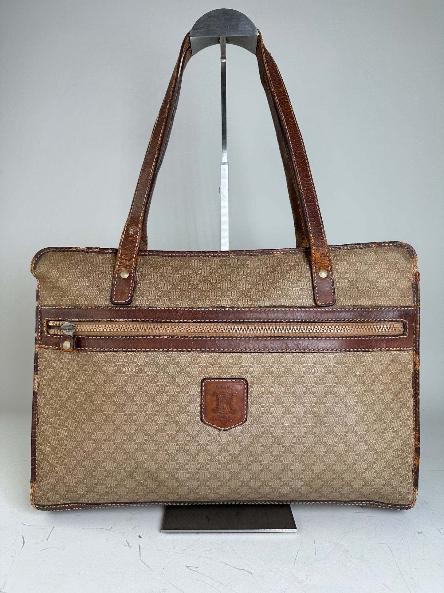 Vintage Celine Canvas Leather Trim Tote Beige Brown Gold