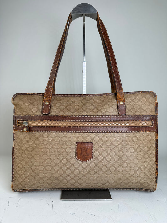 Vintage Celine Canvas Leather Trim Tote Beige Brown Gold