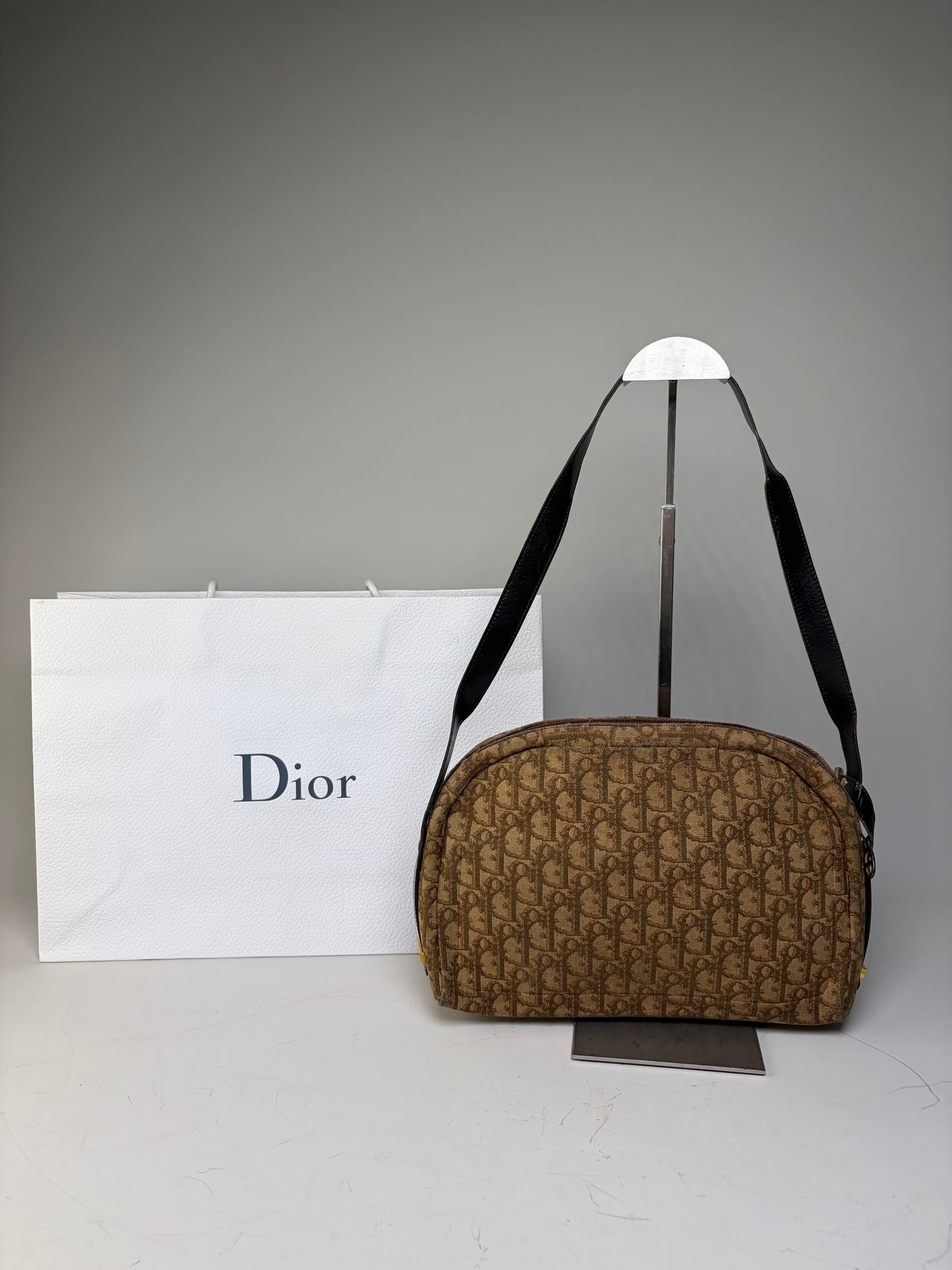 Vintage Dior Monogram Canvas Shoulder Bag Brown Beige