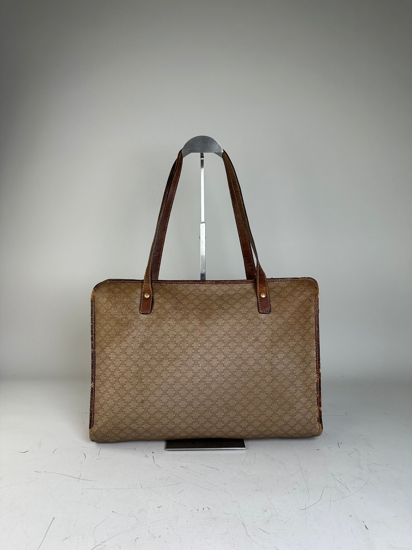 Vintage Celine Canvas Leather Trim Tote Beige Brown Gold