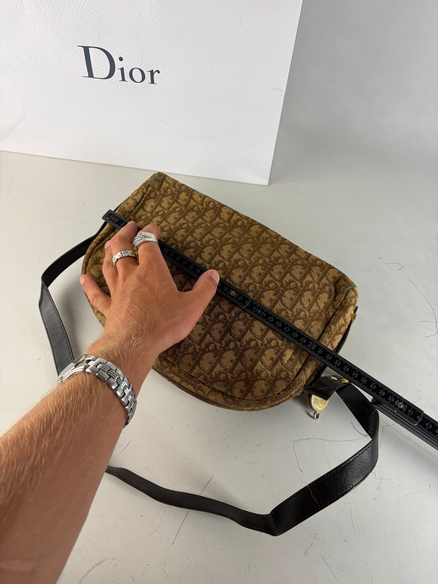 Vintage Dior Monogram Canvas Shoulder Bag Brown Beige