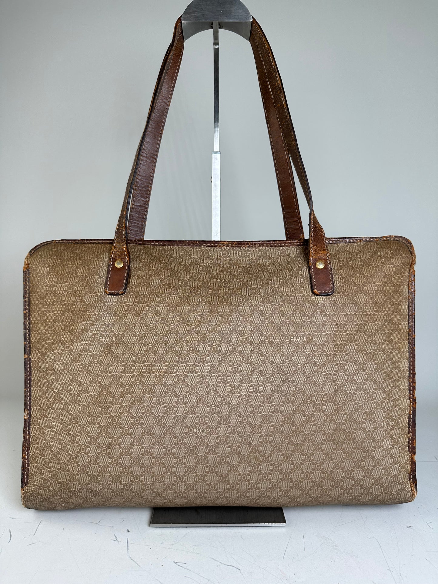 Vintage Celine Canvas Leather Trim Tote Beige Brown Gold