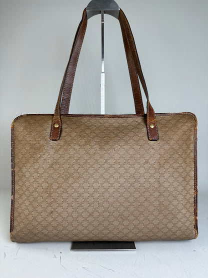 Vintage Celine Canvas Leather Trim Tote Beige Brown Gold