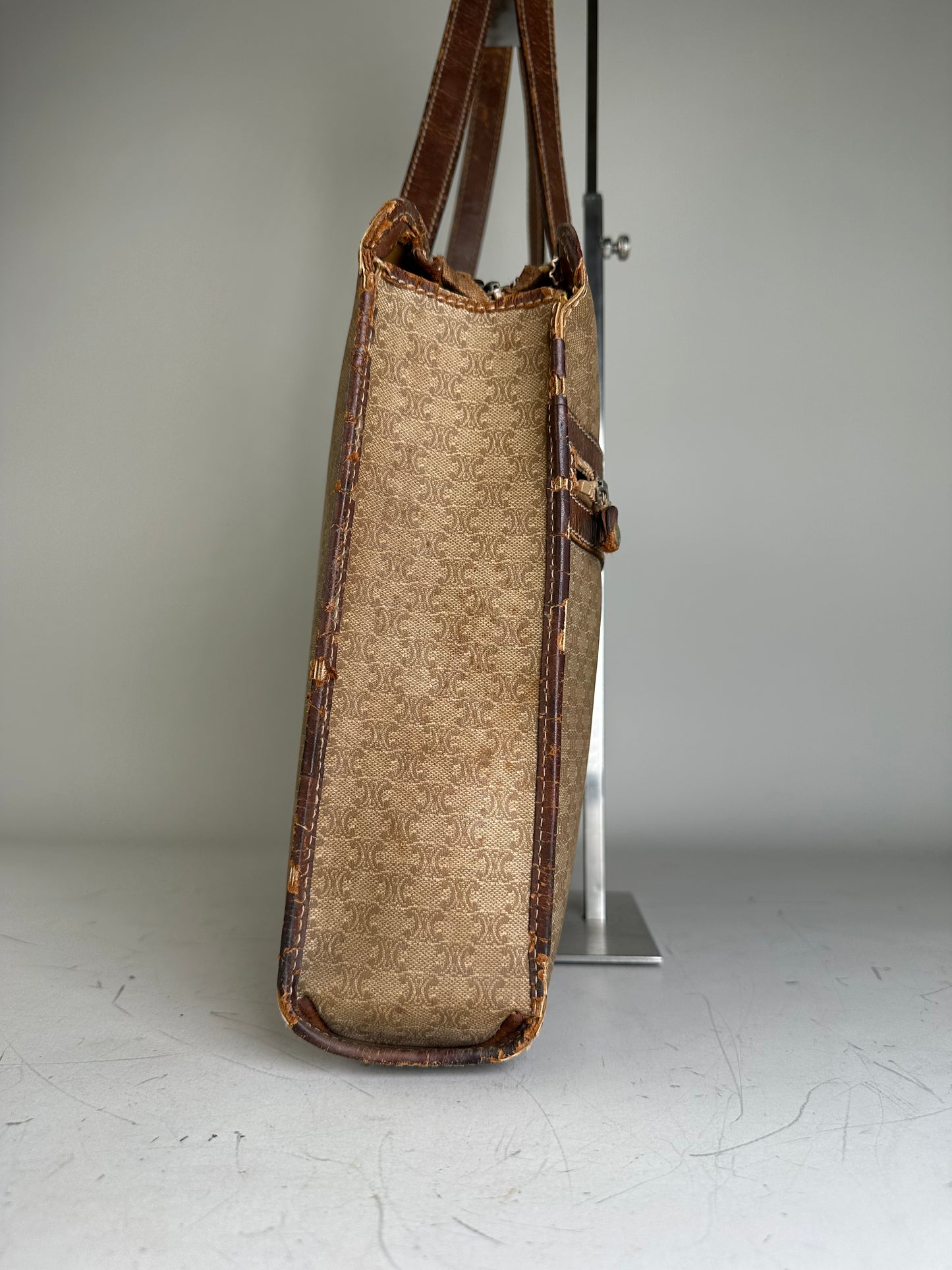 Vintage Celine Canvas Leather Trim Tote Beige Brown Gold