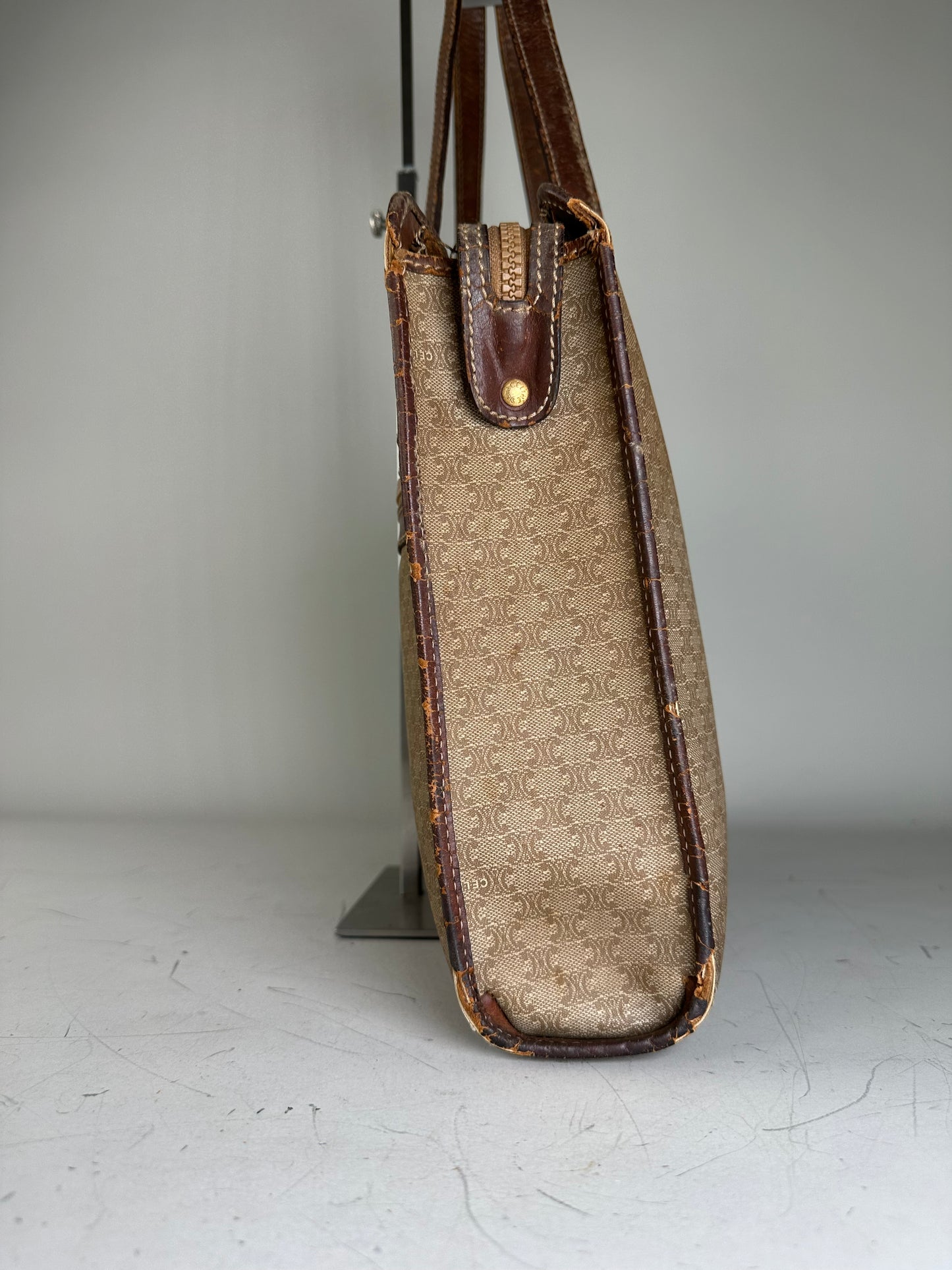 Vintage Celine Canvas Leather Trim Tote Beige Brown Gold