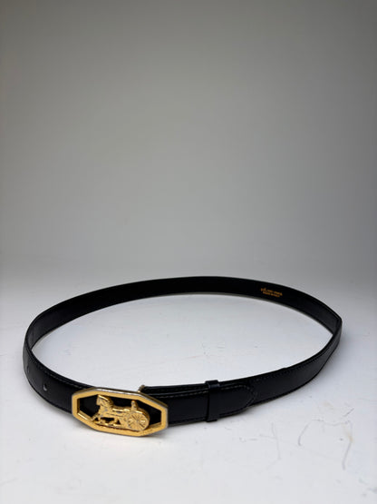 Vintage Celine Leather Belt Horse & Carriage Buckle Black Gold
