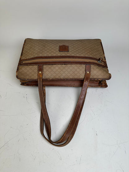 Vintage Celine Canvas Leather Trim Tote Beige Brown Gold