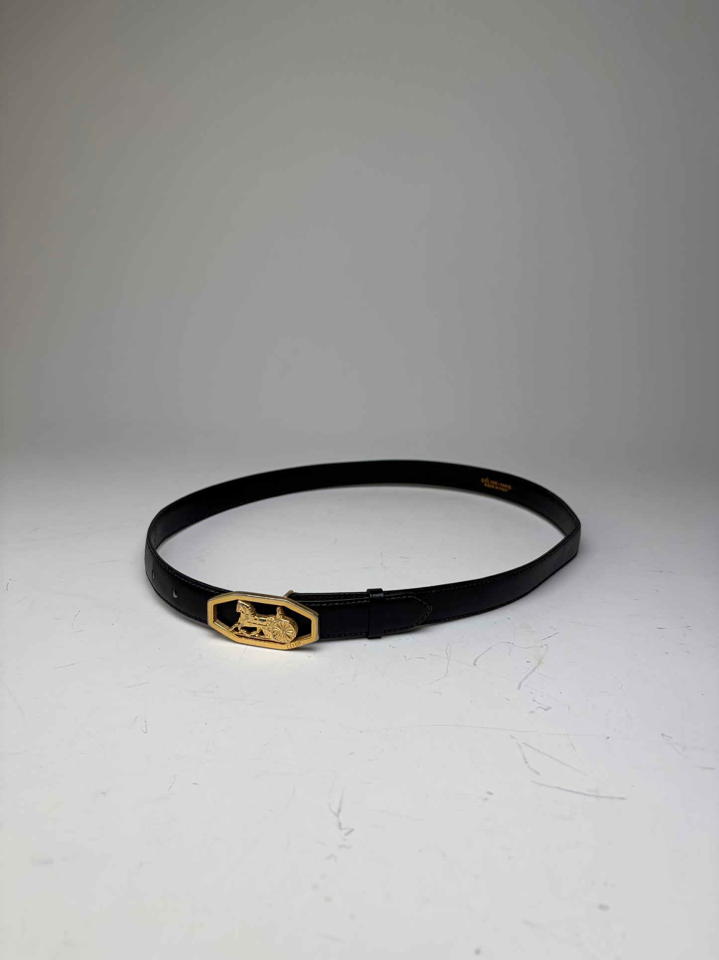 Vintage Celine Leather Belt Horse & Carriage Buckle Black Gold