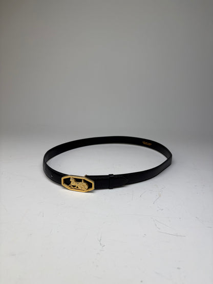 Vintage Celine Leather Belt Horse & Carriage Buckle Black Gold