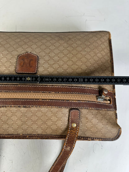Vintage Celine Canvas Leather Trim Tote Beige Brown Gold