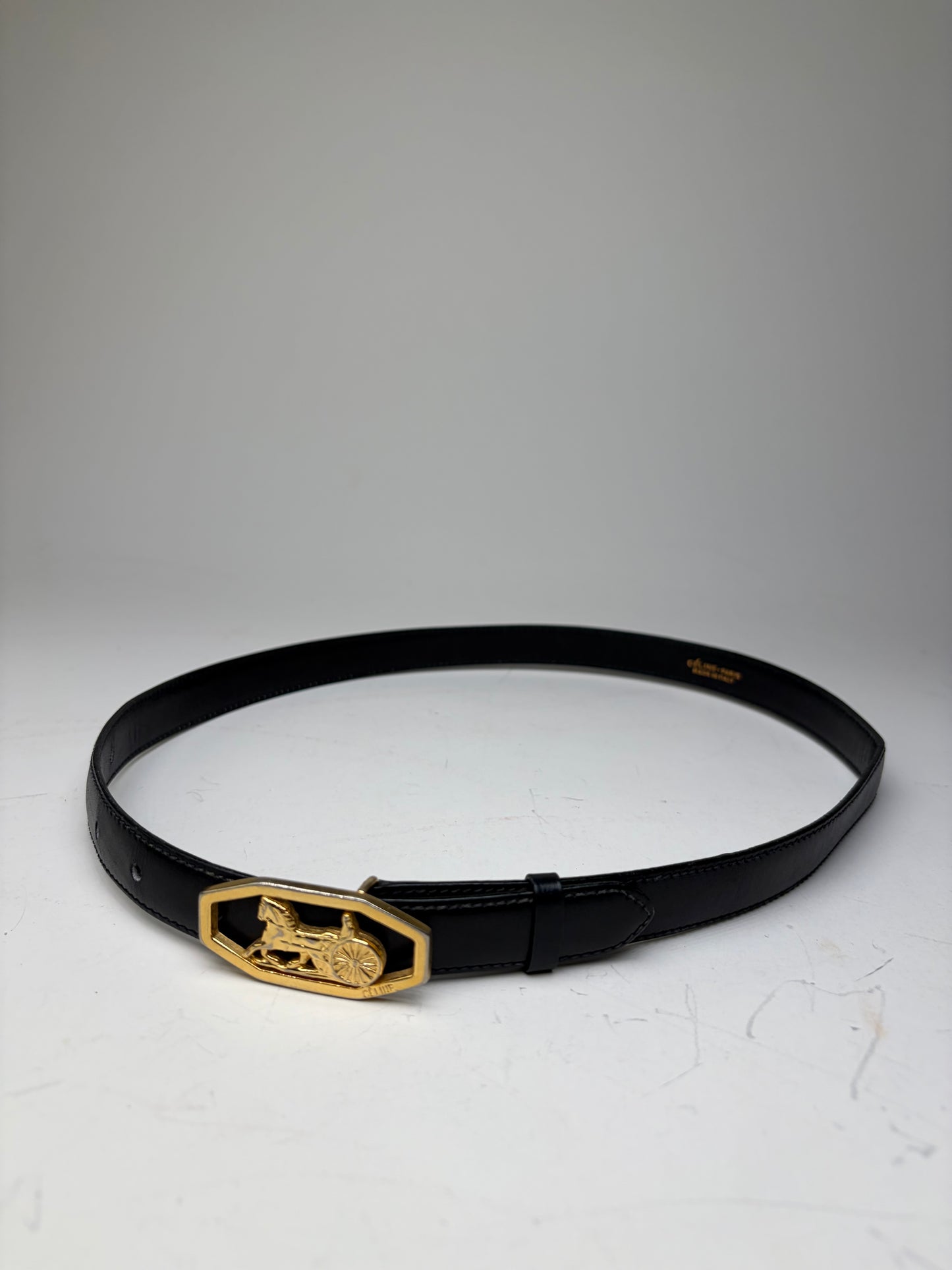 Vintage Celine Leather Belt Horse & Carriage Buckle Black Gold