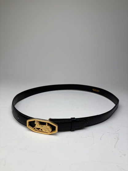 Vintage Celine Leather Belt Horse & Carriage Buckle Black Gold