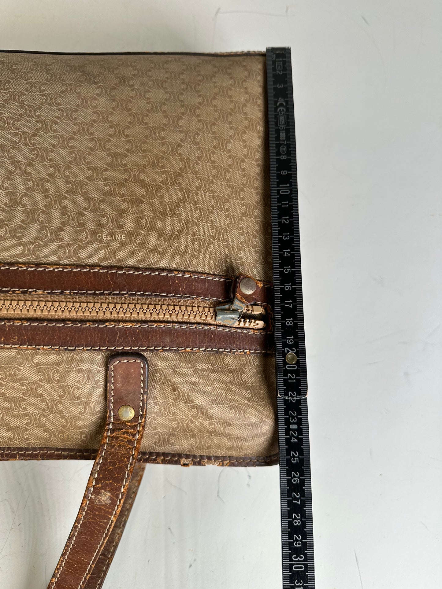 Vintage Celine Canvas Leather Trim Tote Beige Brown Gold