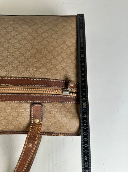 Vintage Celine Canvas Leather Trim Tote Beige Brown Gold