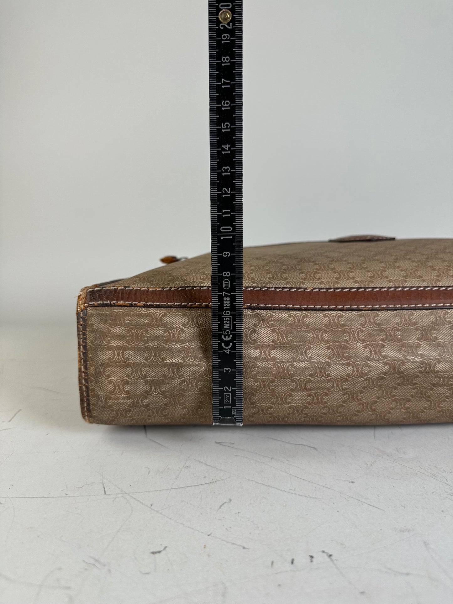Vintage Celine Canvas Leather Trim Tote Beige Brown Gold