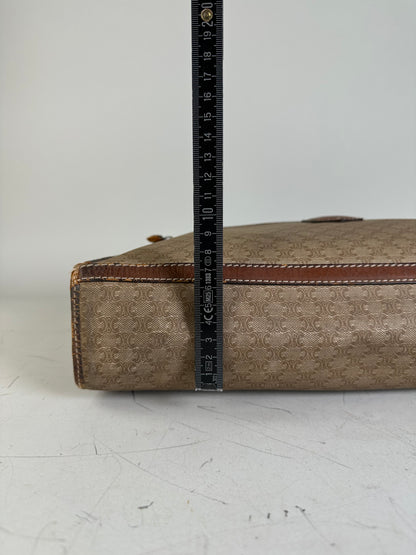 Vintage Celine Canvas Leather Trim Tote Beige Brown Gold