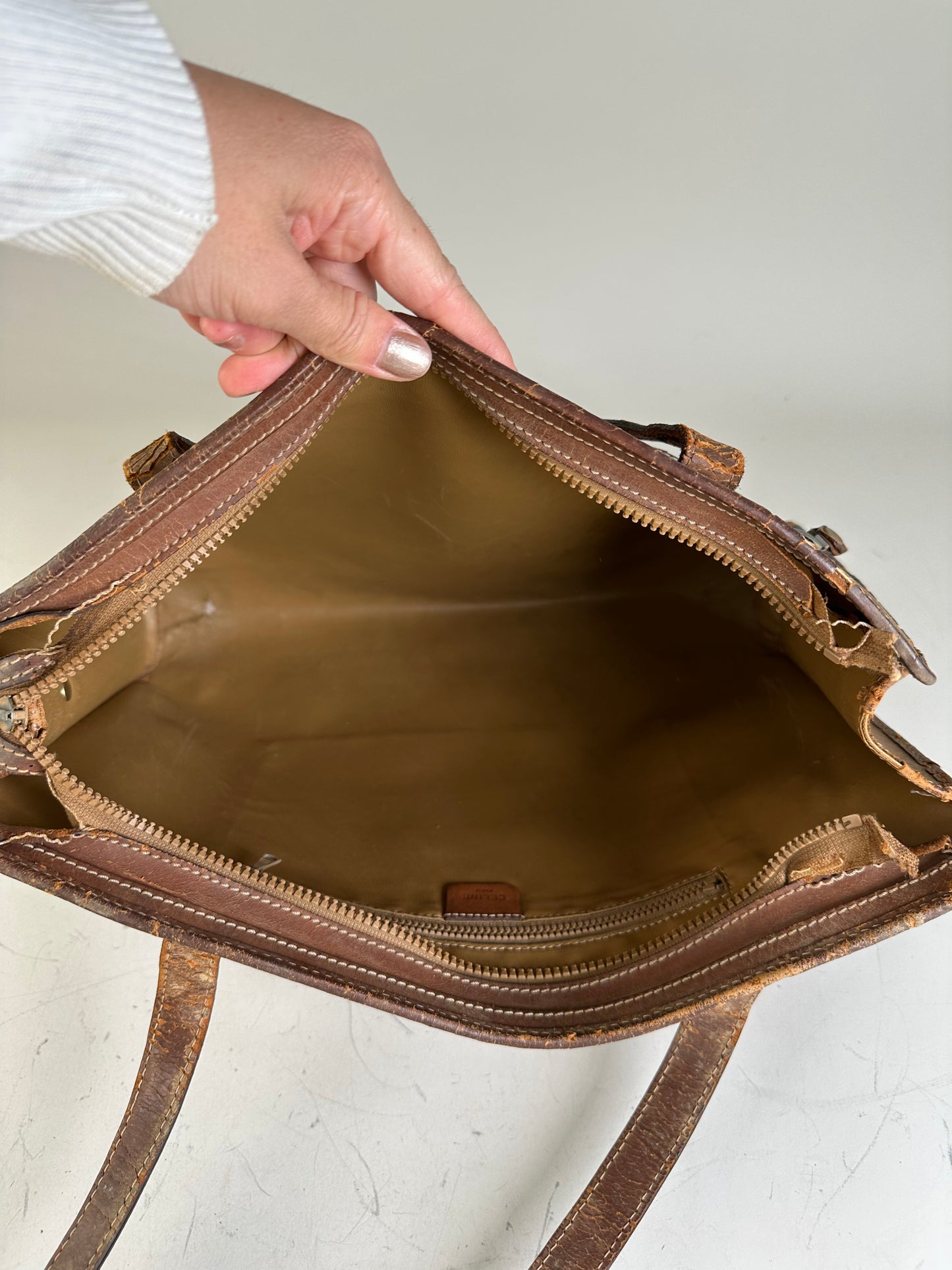 Vintage Celine Canvas Leather Trim Tote Beige Brown Gold