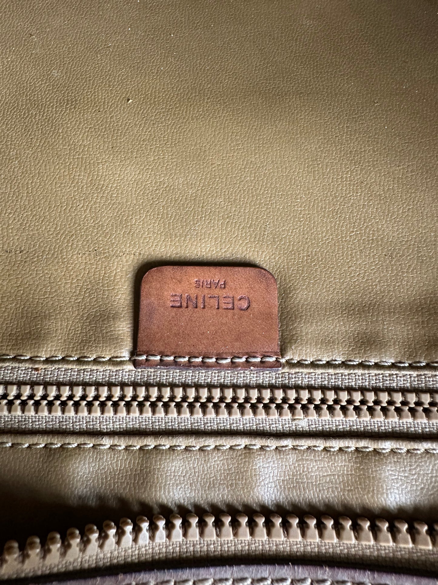 Vintage Celine Canvas Leather Trim Tote Beige Brown Gold