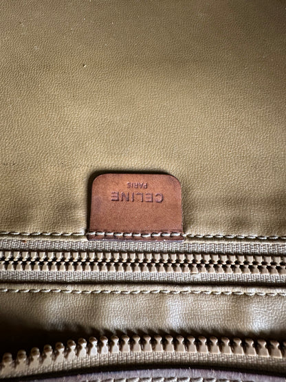 Vintage Celine Canvas Leather Trim Tote Beige Brown Gold