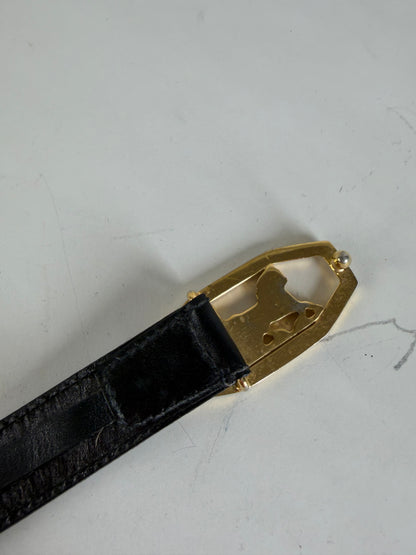Vintage Celine Leather Belt Horse & Carriage Buckle Black Gold