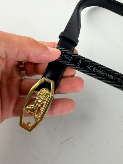 Vintage Celine Leather Belt Horse & Carriage Buckle Black Gold