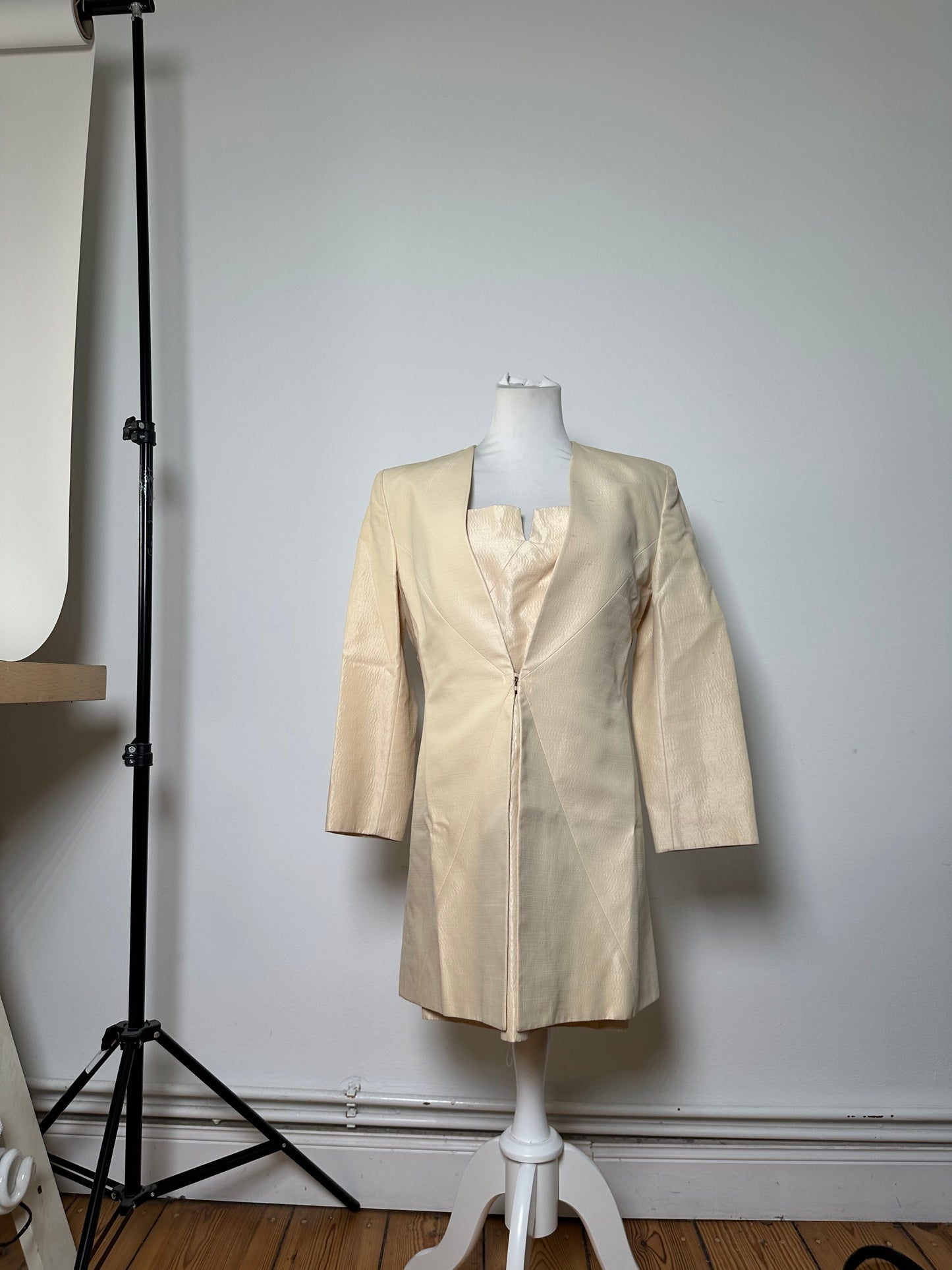 Vintage Celine Satin Silk Coat Cream Silver Chain Detail M