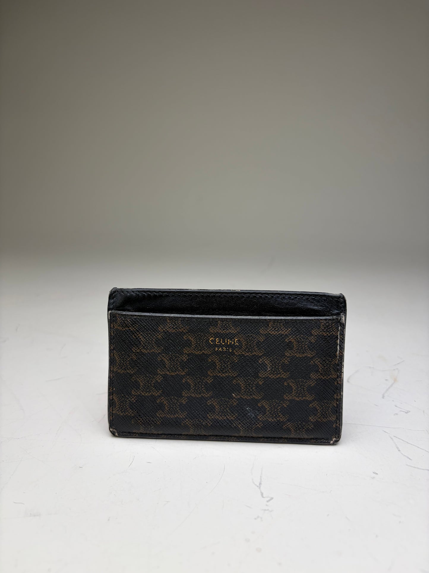 Vintage Celine Monogram Canvas Leather Card Holder Black Brown