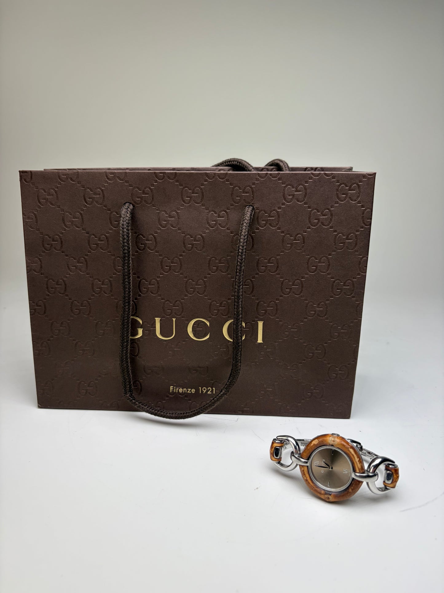 Vintage Gucci GG Logo Stainless Steel Bracelet Watch Brown Silver