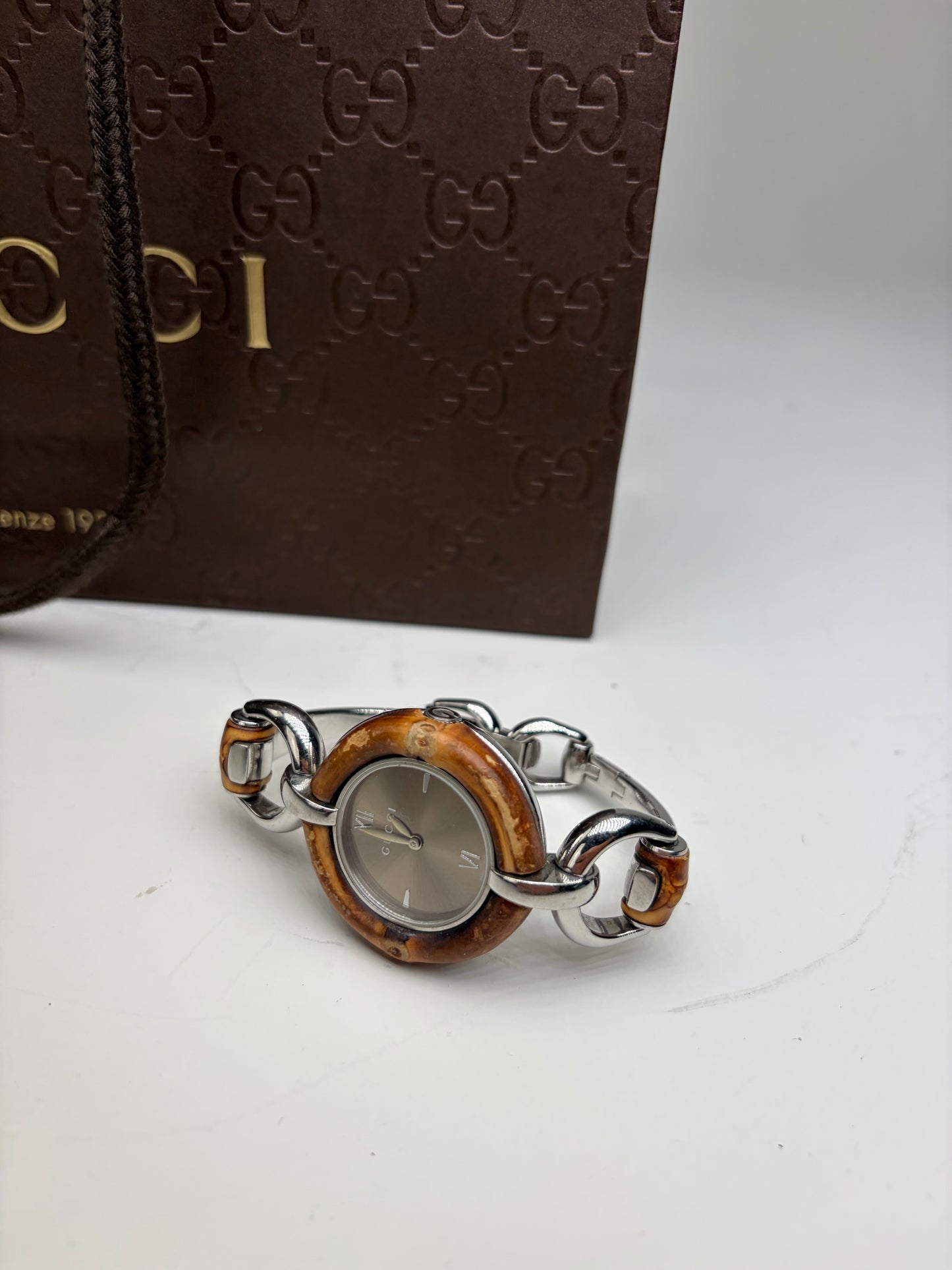 Vintage Gucci GG Logo Stainless Steel Bracelet Watch Brown Silver