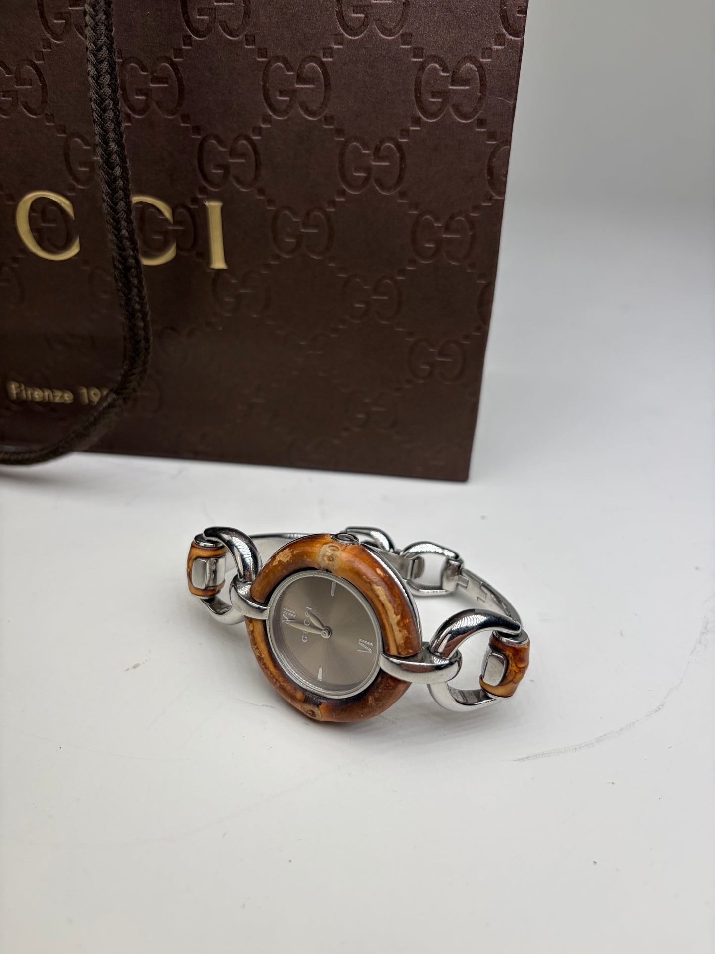 Vintage Gucci GG Logo Stainless Steel Bracelet Watch Brown Silver