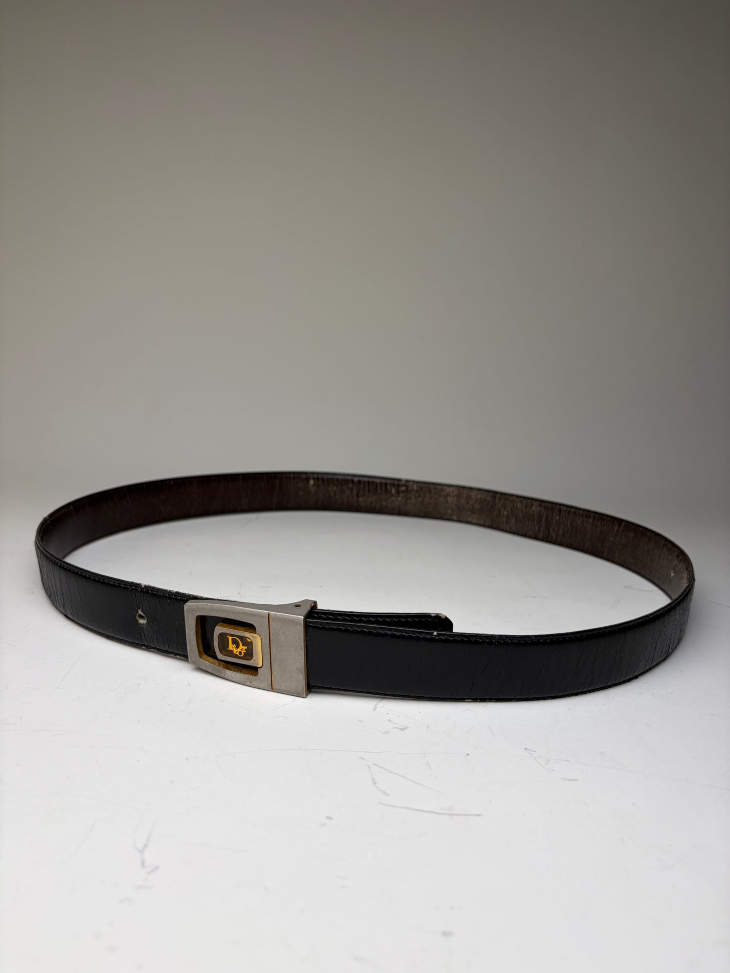 Vintage Dior Leather Belt Black Silver Gold