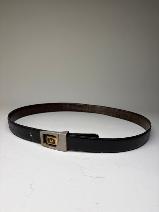 Vintage Dior Leather Belt Black Silver Gold