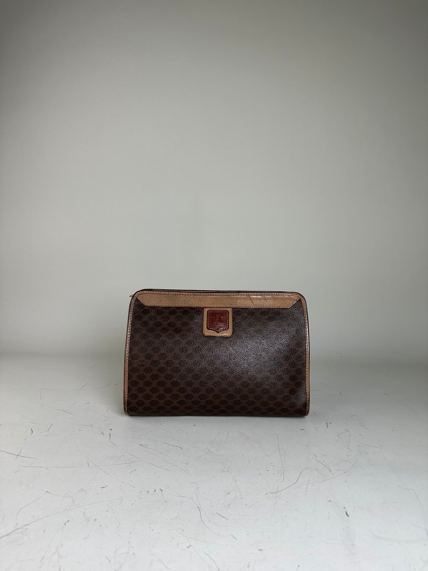 Vintage Celine Coated Canvas Clutch Bag Brown Tan Gold