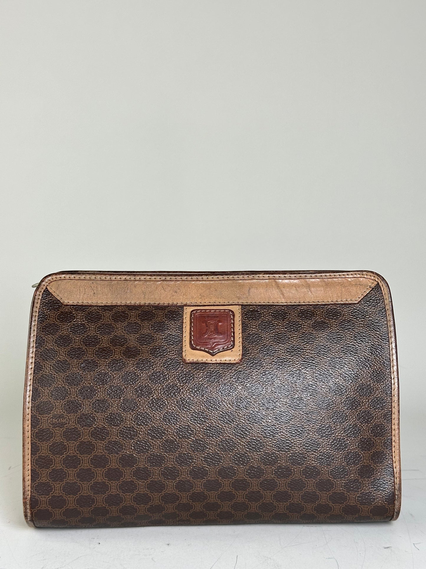 Vintage Celine Coated Canvas Clutch Bag Brown Tan Gold