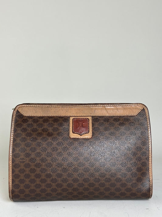 Vintage Celine Coated Canvas Clutch Bag Brown Tan Gold