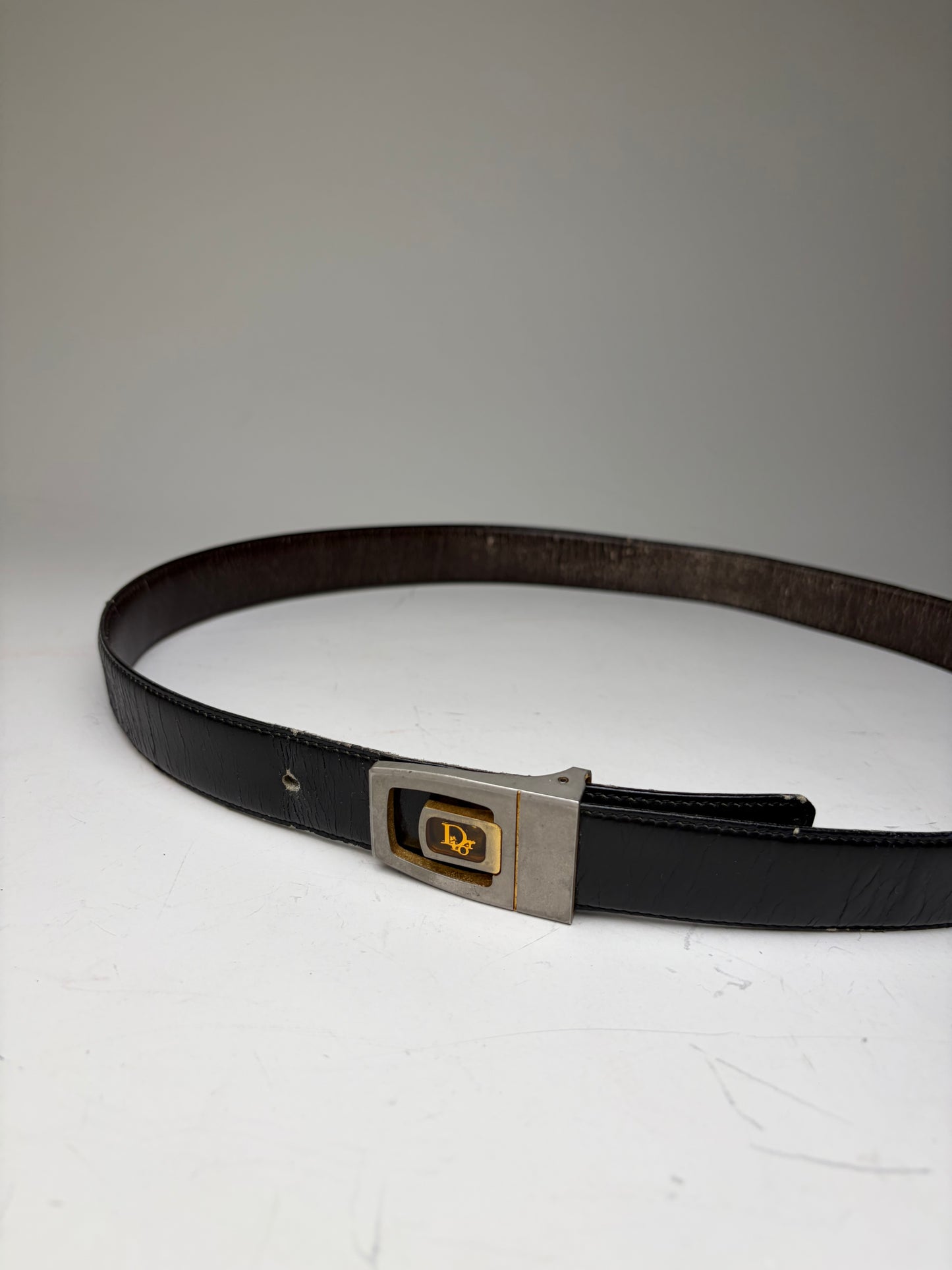 Vintage Dior Leather Belt Black Silver Gold
