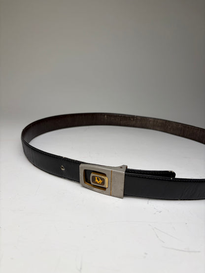 Vintage Dior Leather Belt Black Silver Gold