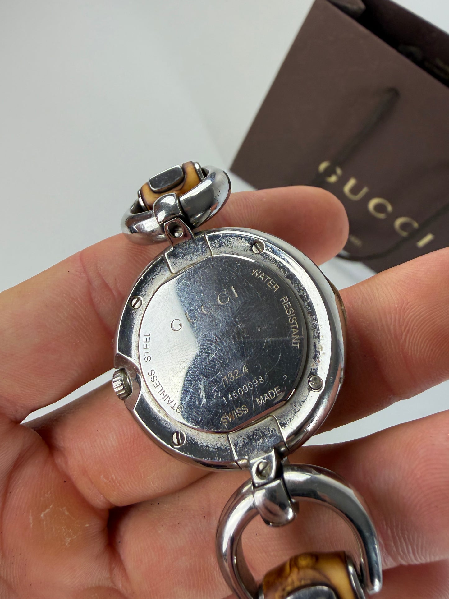 Vintage Gucci GG Logo Stainless Steel Bracelet Watch Brown Silver