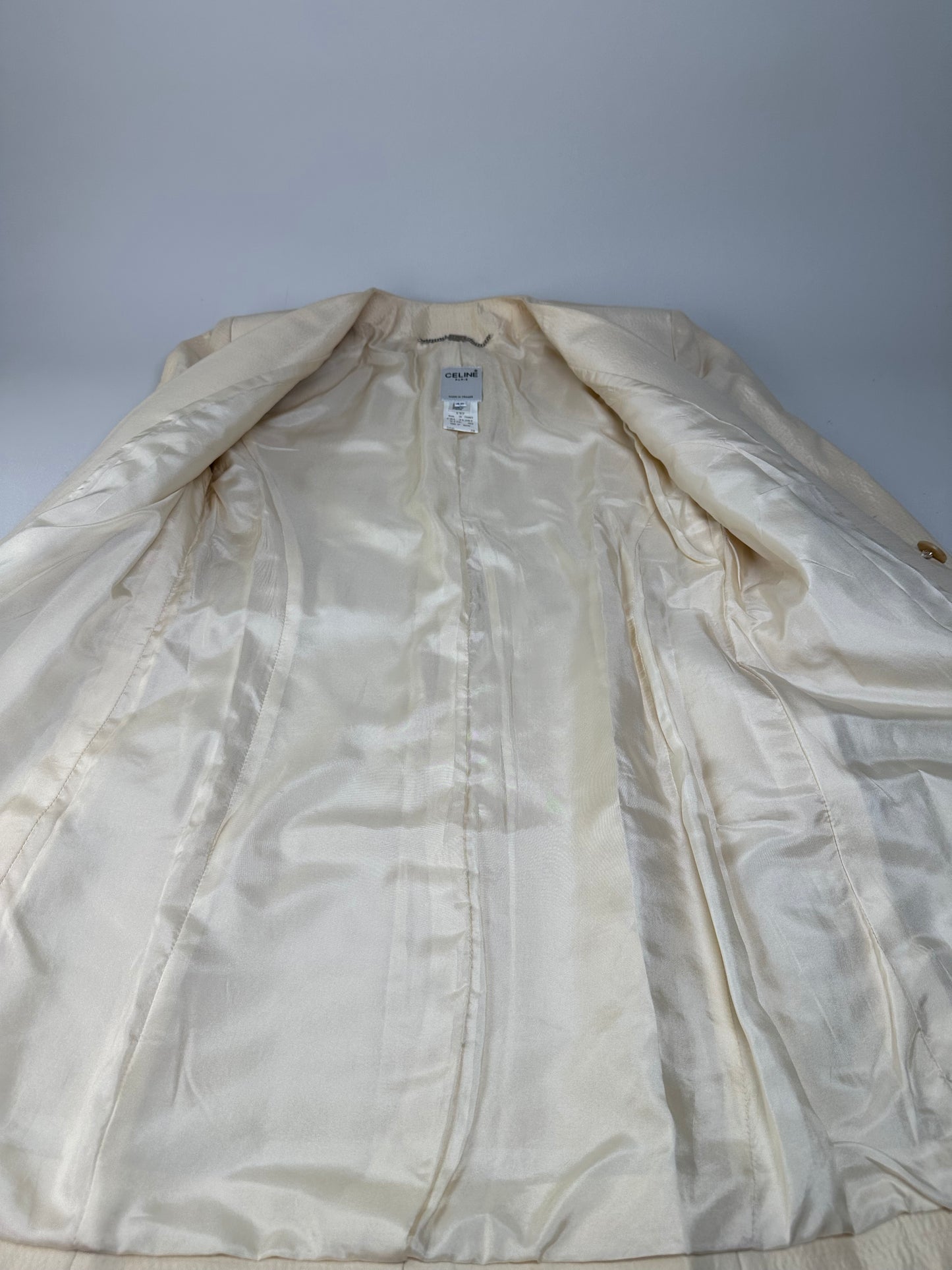 Vintage Celine Satin Silk Coat Cream Silver Chain Detail M