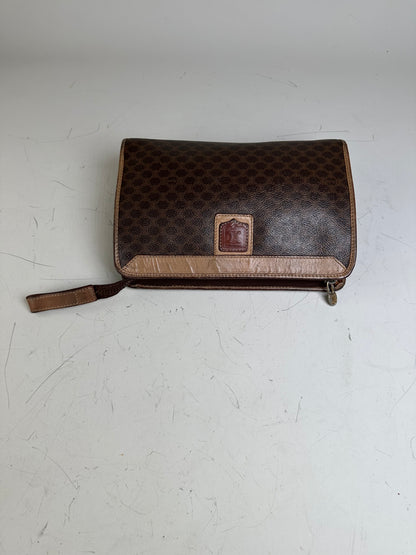 Vintage Celine Coated Canvas Clutch Bag Brown Tan Gold