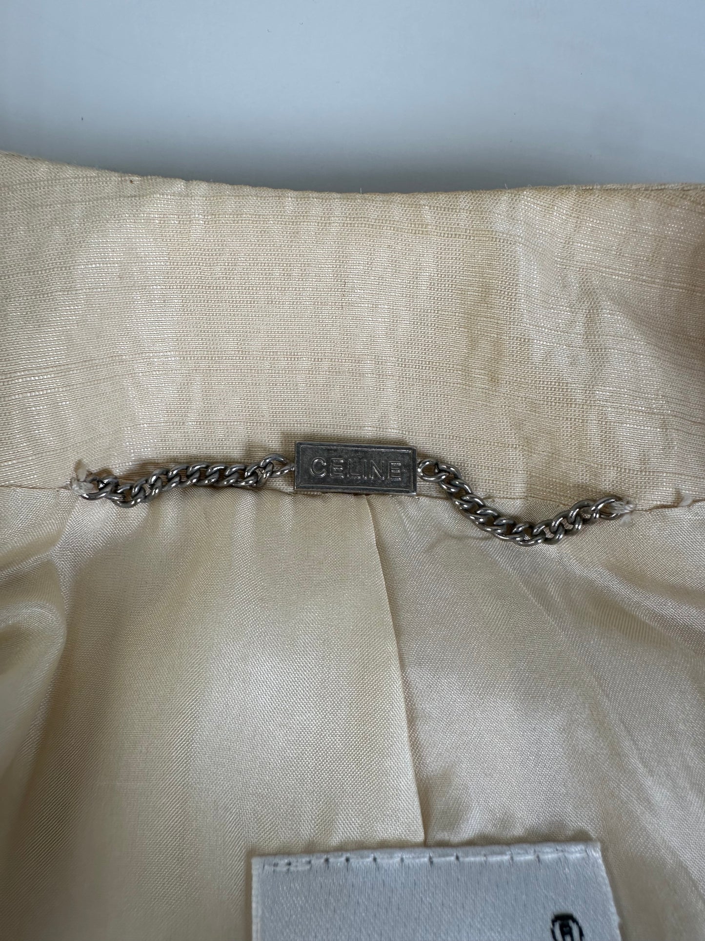 Vintage Celine Satin Silk Coat Cream Silver Chain Detail M