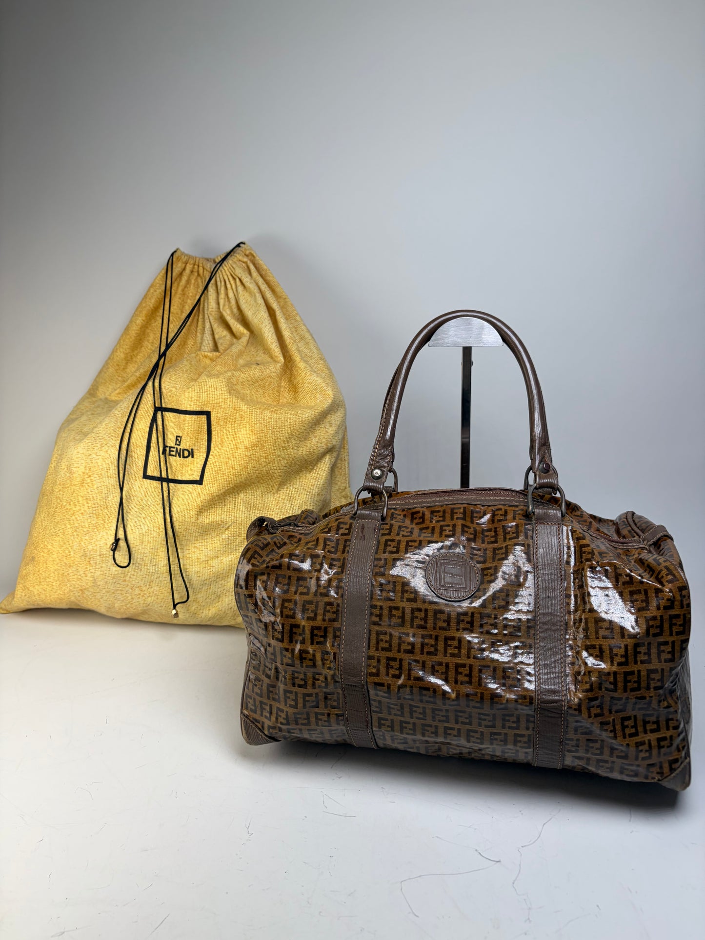 Vintage Fendi FF Monogram Coated Canvas Duffle Bag Brown Tan