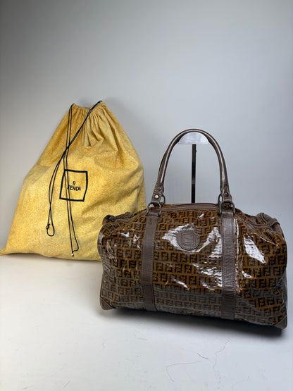 Vintage Fendi FF Monogram Coated Canvas Duffle Bag Brown Tan