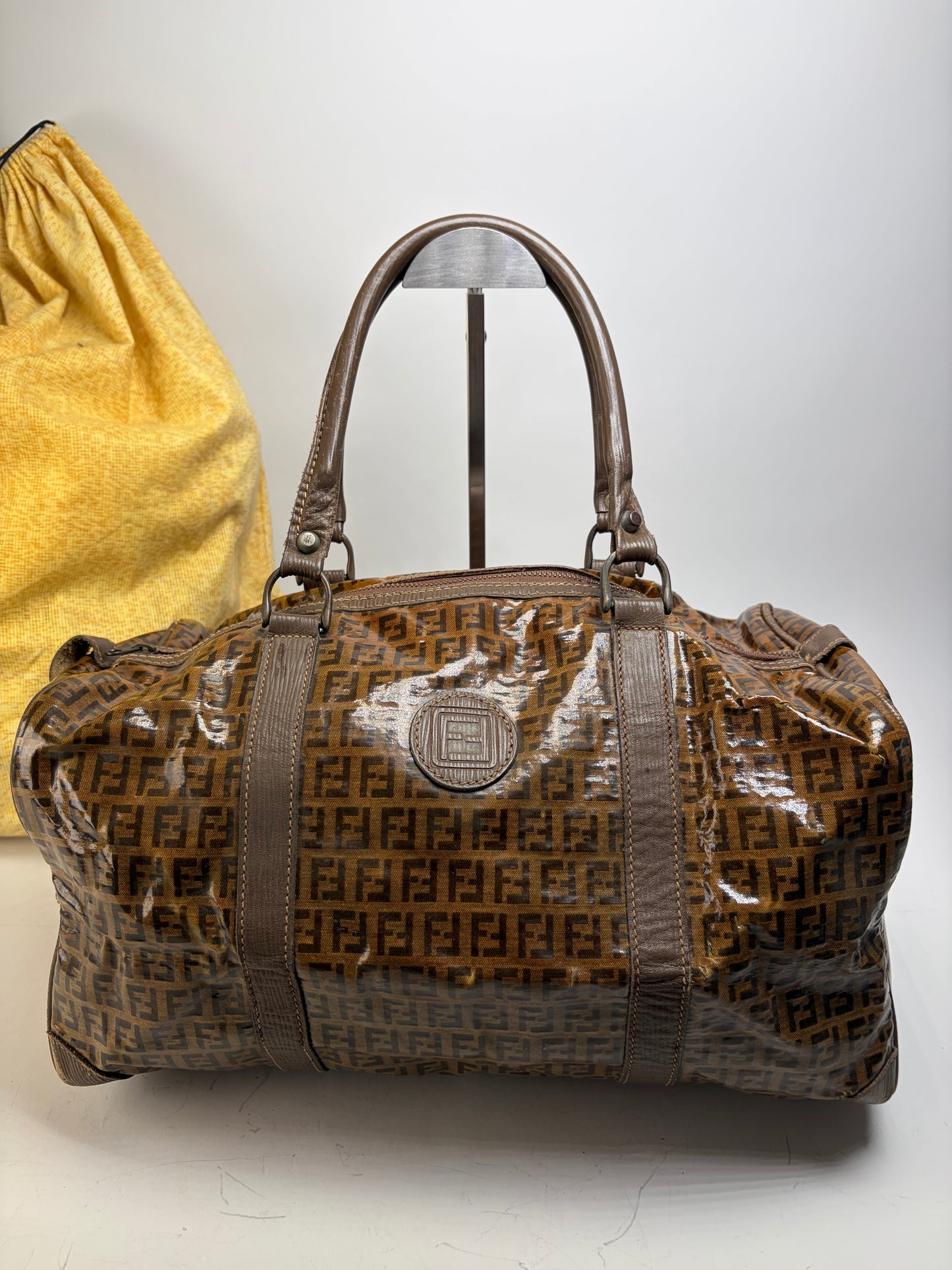 Vintage Fendi FF Monogram Coated Canvas Duffle Bag Brown Tan