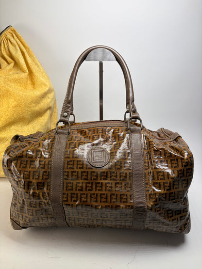 Vintage Fendi FF Monogram Coated Canvas Duffle Bag Brown Tan