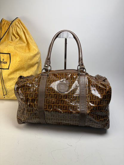 Vintage Fendi FF Monogram Coated Canvas Duffle Bag Brown Tan
